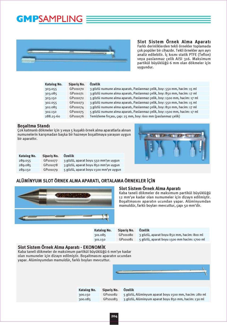 055 GP101070 3 gözlü numune alma aparat, Paslanmaz çelik, boy: 550 mm, hacim: 15 ml 303.085 GP101071 3 gözlü numune alma aparat, Paslanmaz çelik, boy: 850 mm, hacim: 17 ml 303.
