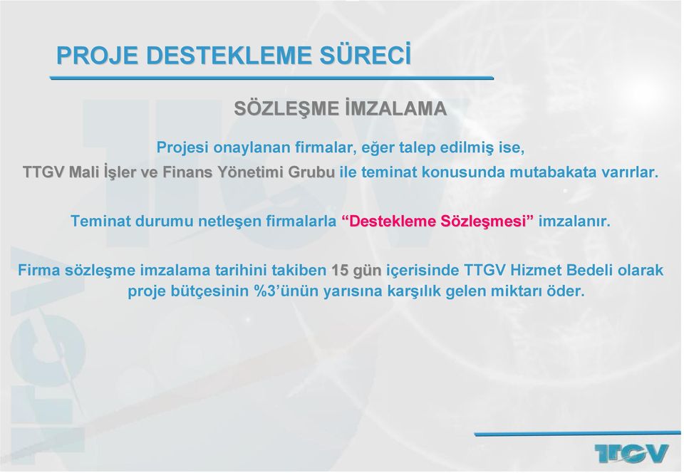 Teminat durumu netleşen firmalarla Destekleme Sözleşmesi imzalanır.