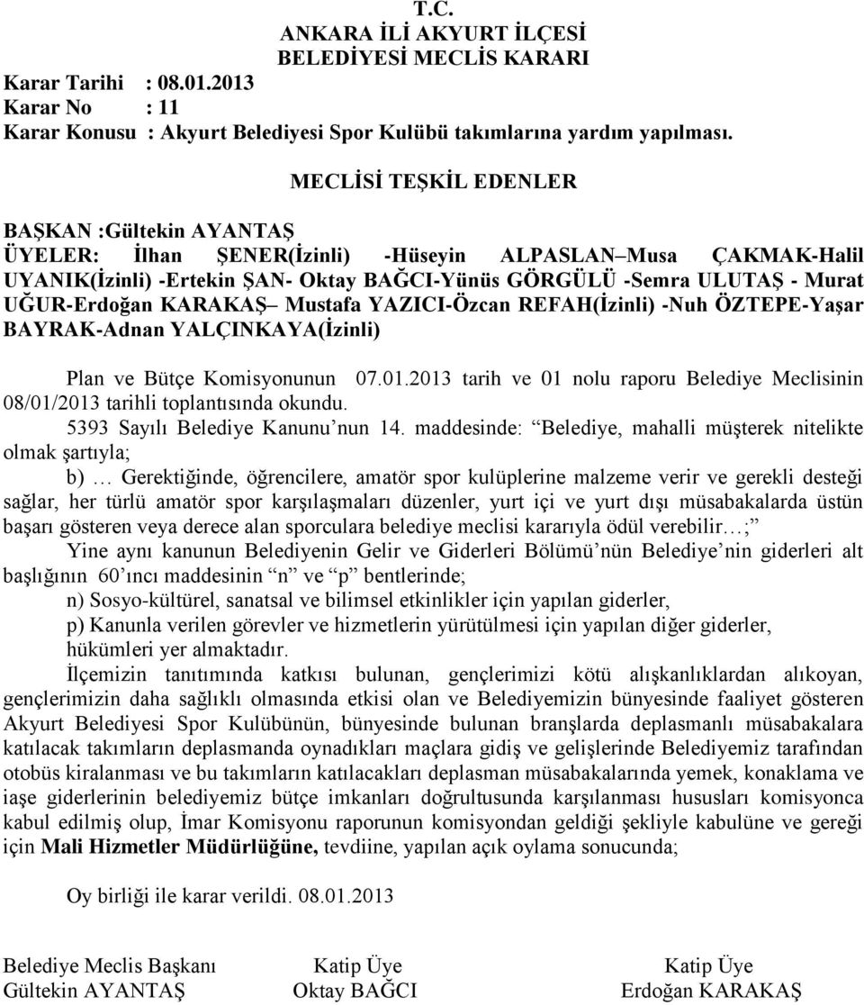 -Nuh ÖZTEPE-Yaşar BAYRAK-Adnan YALÇINKAYA(İzinli) Plan ve Bütçe Komisyonunun 07.01.2013 tarih ve 01 nolu raporu Belediye Meclisinin 08/01/2013 tarihli toplantısında okundu.