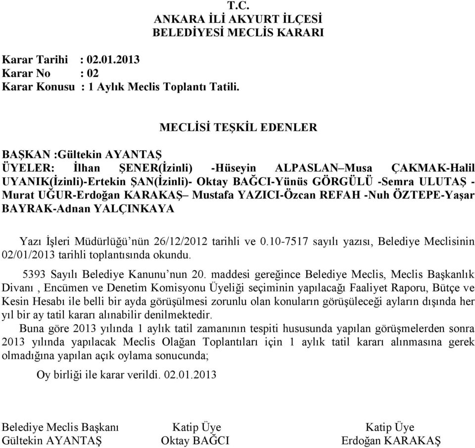 -Nuh ÖZTEPE-Yaşar BAYRAK-Adnan YALÇINKAYA Yazı İşleri Müdürlüğü nün 26/12/2012 tarihli ve 0.10-7517 sayılı yazısı, Belediye Meclisinin 02/01/2013 tarihli toplantısında okundu.