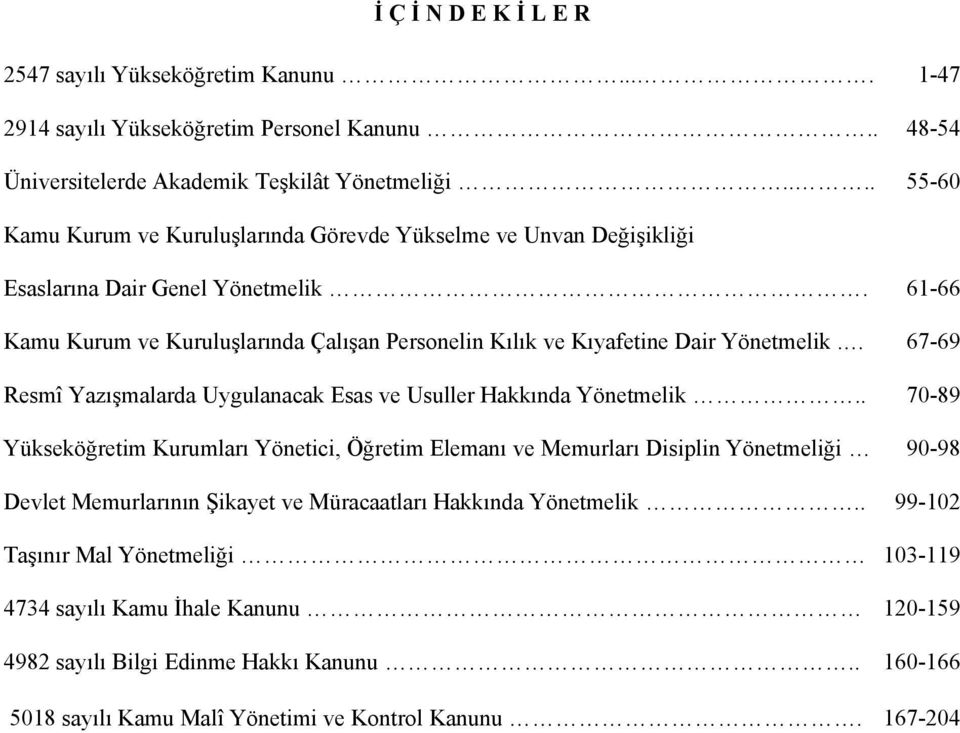 61-66 Kamu Kurum ve Kuruluşlarında Çalışan Personelin Kılık ve Kıyafetine Dair Yönetmelik. 67-69 Resmî Yazışmalarda Uygulanacak Esas ve Usuller Hakkında Yönetmelik.