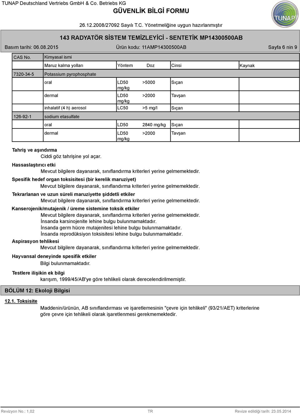 sodium etasulfate oral dermal LD50 2840 mg/kg LD50 >2000 mg/kg Sıçan Tavşan Kaynak Tahriş ve aşındırma Ciddi göz tahrişine yol açar.