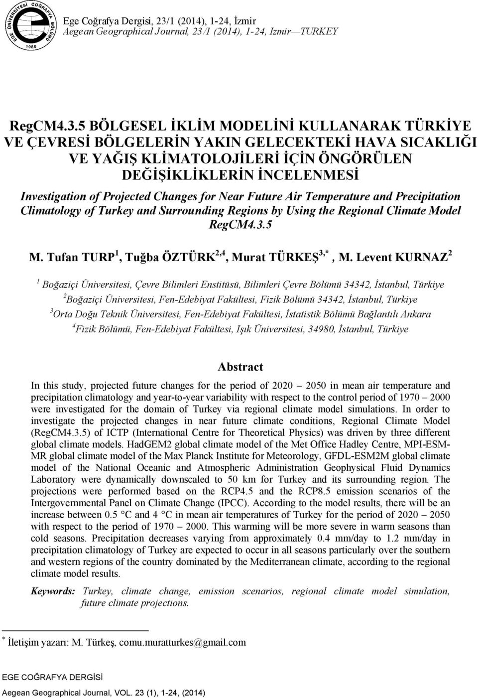1 (2014), 1-24, Izmir TURKEY RegCM4.3.