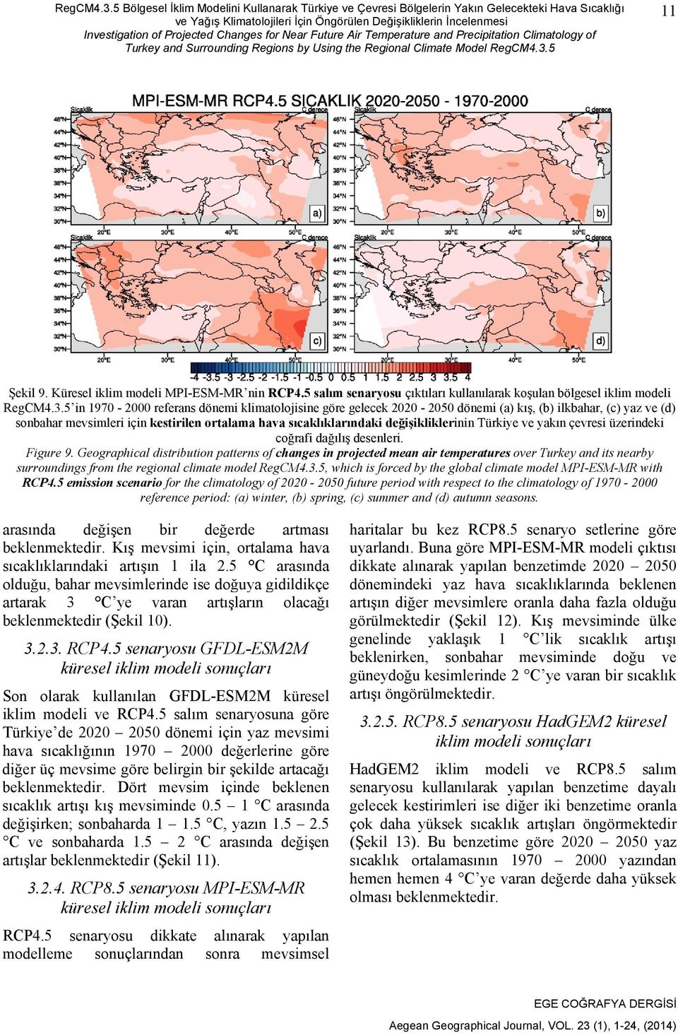 Changes for Near Future Air Temperature and Precipitation Climatology of Turkey and Surrounding Regions by Using the Regional Climate Model 5 11 Şekil 9. Küresel iklim modeli MPI-ESM-MR nin RCP4.