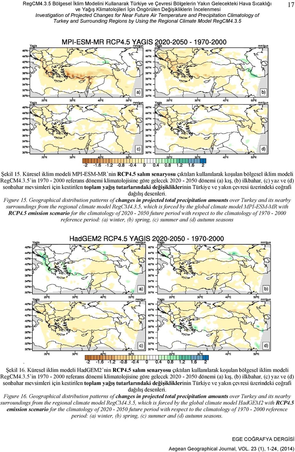 Changes for Near Future Air Temperature and Precipitation Climatology of Turkey and Surrounding Regions by Using the Regional Climate Model 5 17 Şekil 15. Küresel iklim modeli MPI-ESM-MR nin RCP4.