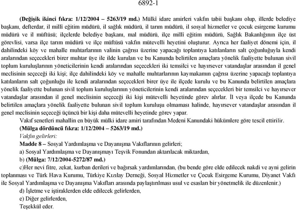 ve il müftüsü; ilçelerde belediye başkanı, mal müdürü, ilçe millî eğitim müdürü, Sağlık Bakanlığının ilçe üst görevlisi, varsa ilçe tarım müdürü ve ilçe müftüsü vakfın mütevelli heyetini oluşturur.