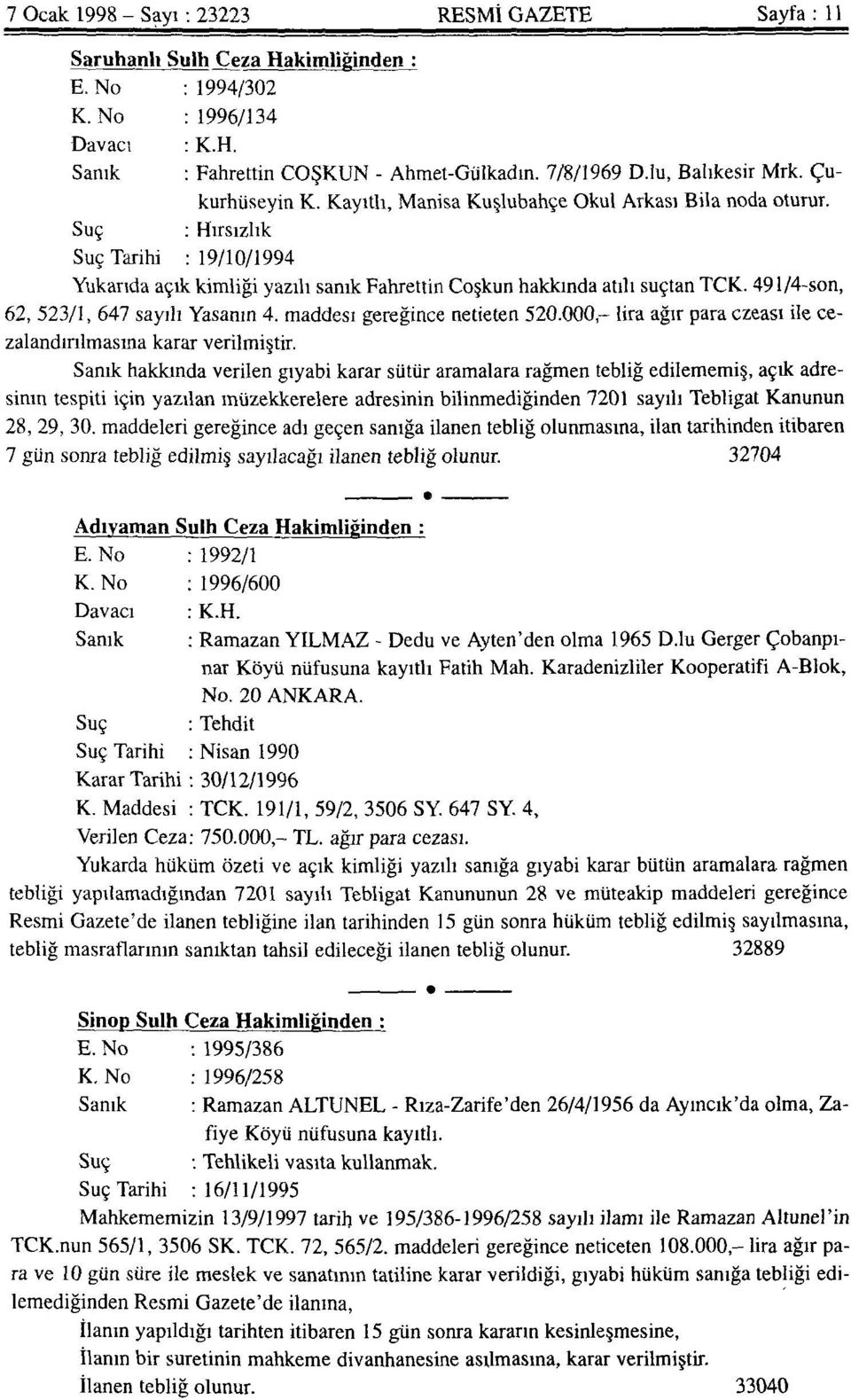 Suç : Hırsızlık Suç Tarihi : 19/10/1994 Yukarıda açık kimliği yazılı sanık Fahrettin Coşkun hakkında atılı suçtan TCK. 491/4-son, 62, 523/1, 647 sayılı Yasanın 4. maddesi gereğince netieten 520.