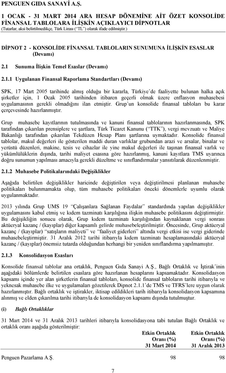 1 Uygulanan Finansal Raporlama Standartları (Devamı) SPK, 17 Mart 2005 tarihinde almış olduğu bir kararla, Türkiye de faaliyette bulunan halka açık şirketler için, 1 Ocak 2005 tarihinden itibaren