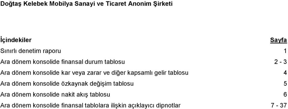 diğer kapsamlı gelir tablosu 4 Ara dönem konsolide özkaynak değişim tablosu 5 Ara dönem