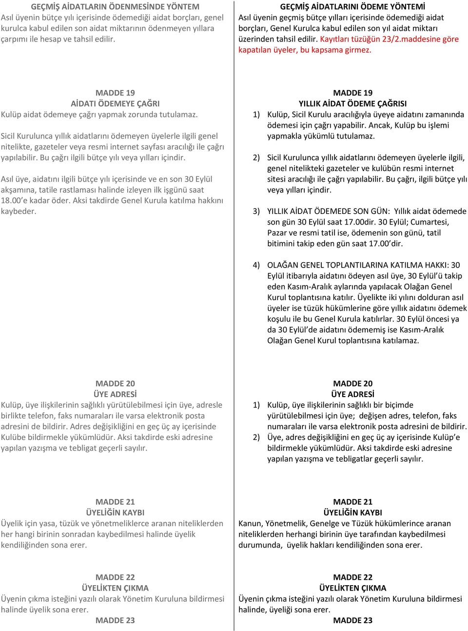 maddesine göre kapatılan üyeler, bu kapsama girmez. MADDE 19 AİDATI ÖDEMEYE ÇAĞRI Kulüp aidat ödemeye çağrı yapmak zorunda tutulamaz.