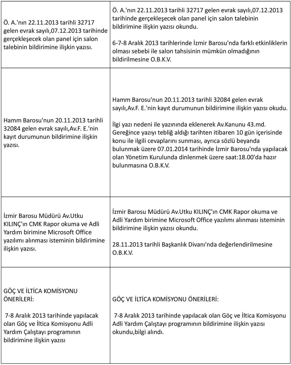 etkinliklerin olması sebebi ile salon tahsisinin mümkün olmadığının bildirilmesine O.B.K.V. Hamm Barosu'nun 20.11.2013 tarihli 32084 gelen evrak sayılı,av.f. E.