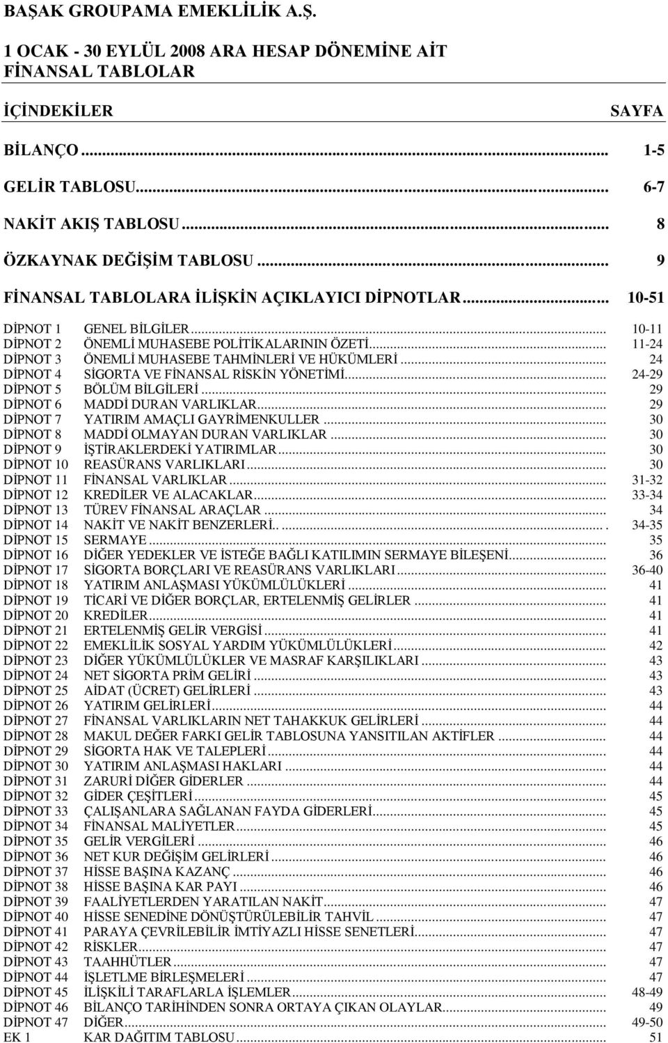 .. 24-29 DİPNOT 5 BÖLÜM BİLGİLERİ... 29 DİPNOT 6 MADDİ DURAN VARLIKLAR... 29 DİPNOT 7 YATIRIM AMAÇLI GAYRİMENKULLER... 30 DİPNOT 8 MADDİ OLMAYAN DURAN VARLIKLAR... 30 DİPNOT 9 İŞTİRAKLERDEKİ YATIRIMLAR.