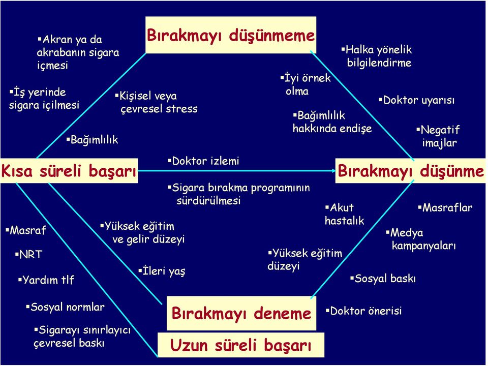 Bağımlılık hakkında endişe Yüksek eğitim düzeyi Halka yönelik bilgilendirme Doktor uyarısı Negatif imajlar Bırakmayı düşünme Akut hastalık