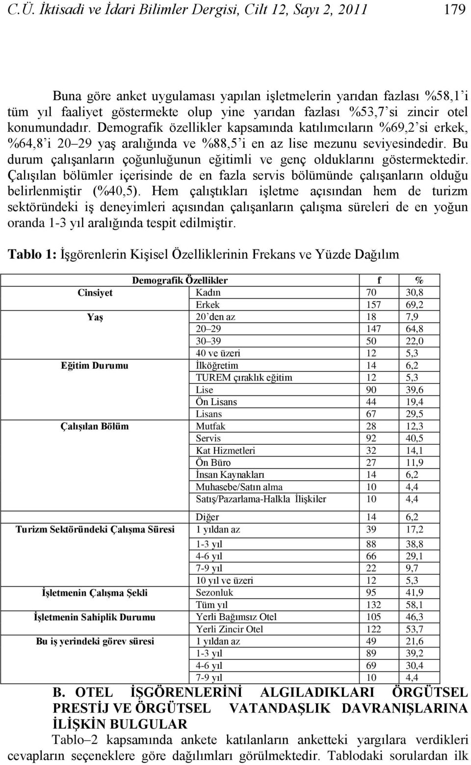 Bu durum çalışanların çoğunluğunun eğitimli ve genç olduklarını göstermektedir. Çalışılan bölümler içerisinde de en fazla servis bölümünde çalışanların olduğu belirlenmiştir (%40,5).