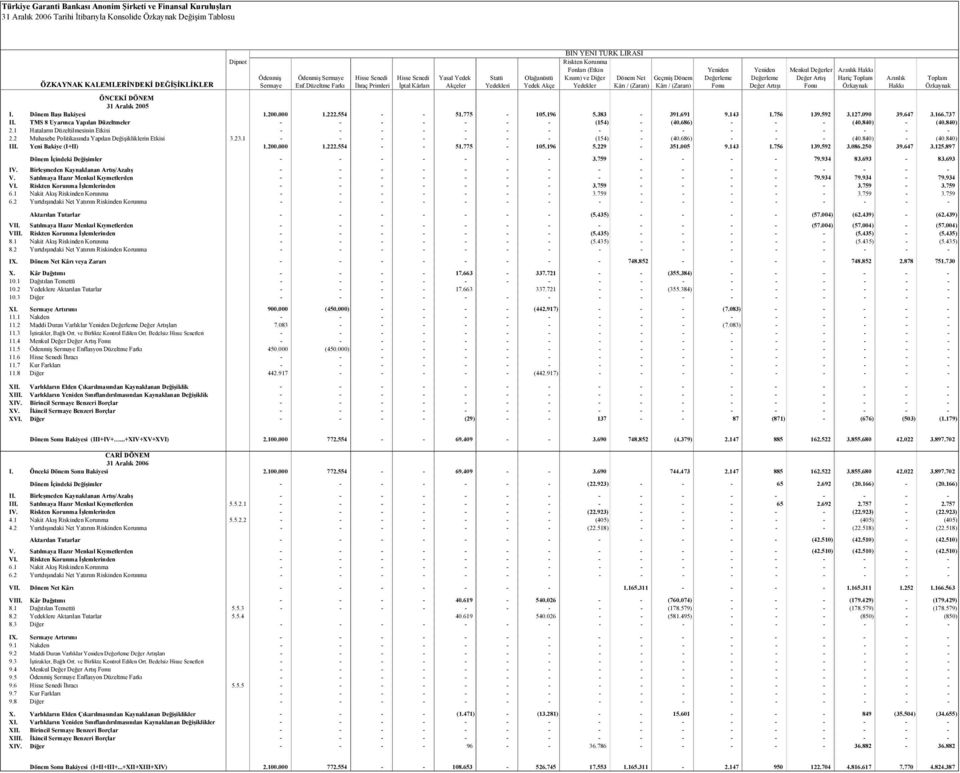 Enf.Düzeltme Farkı İhraç Primleri İptal Kârları Akçeler Yedekleri Yedek Akçe Yedekler Kârı / (Zararı) Kârı / (Zararı) Fonu Değer Artışı Fonu Özkaynak Hakkı Özkaynak ÖNCEKİ DÖNEM 31 Aralık 2005 I.