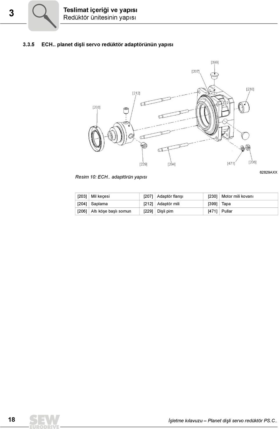 . adaptörün yapısı 62829AXX [203] Mil keçesi [207] Adaptör flanşı [230] Motor mili kovanı