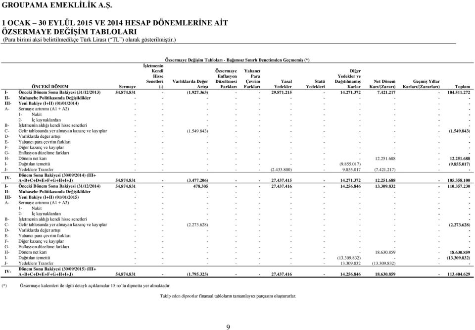 Karı/(Zararı) Karları/(Zararları) Toplam I- Önceki Dönem Sonu Bakiyesi (31/12/2013) 54.874.831 - (1.927.363) - - 29.871.215-14.271.372 7.421.217-104.511.