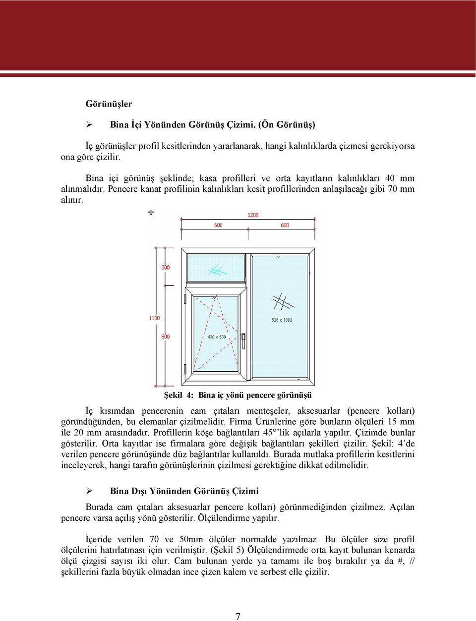 Şekil 4: Bina iç yönü pencere görünüşü İç kısımdan pencerenin cam çıtaları menteşeler, aksesuarlar (pencere kolları) göründüğünden, bu elemanlar çizilmelidir.