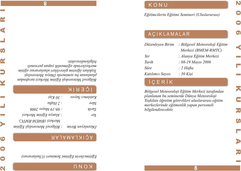 Merkezi (BMEM-RMTC) Katýlýmcý Sayýsý : 30 Kiþi Süre : 2 Hafta Tarih : 08-19 Mayýs 2006 Yer : Alanya Eðitim Merkezi Düzenleyen Birim : Bölgesel Meteoroloji Eðitim Eðitimcilerin Eðitimi Semineri