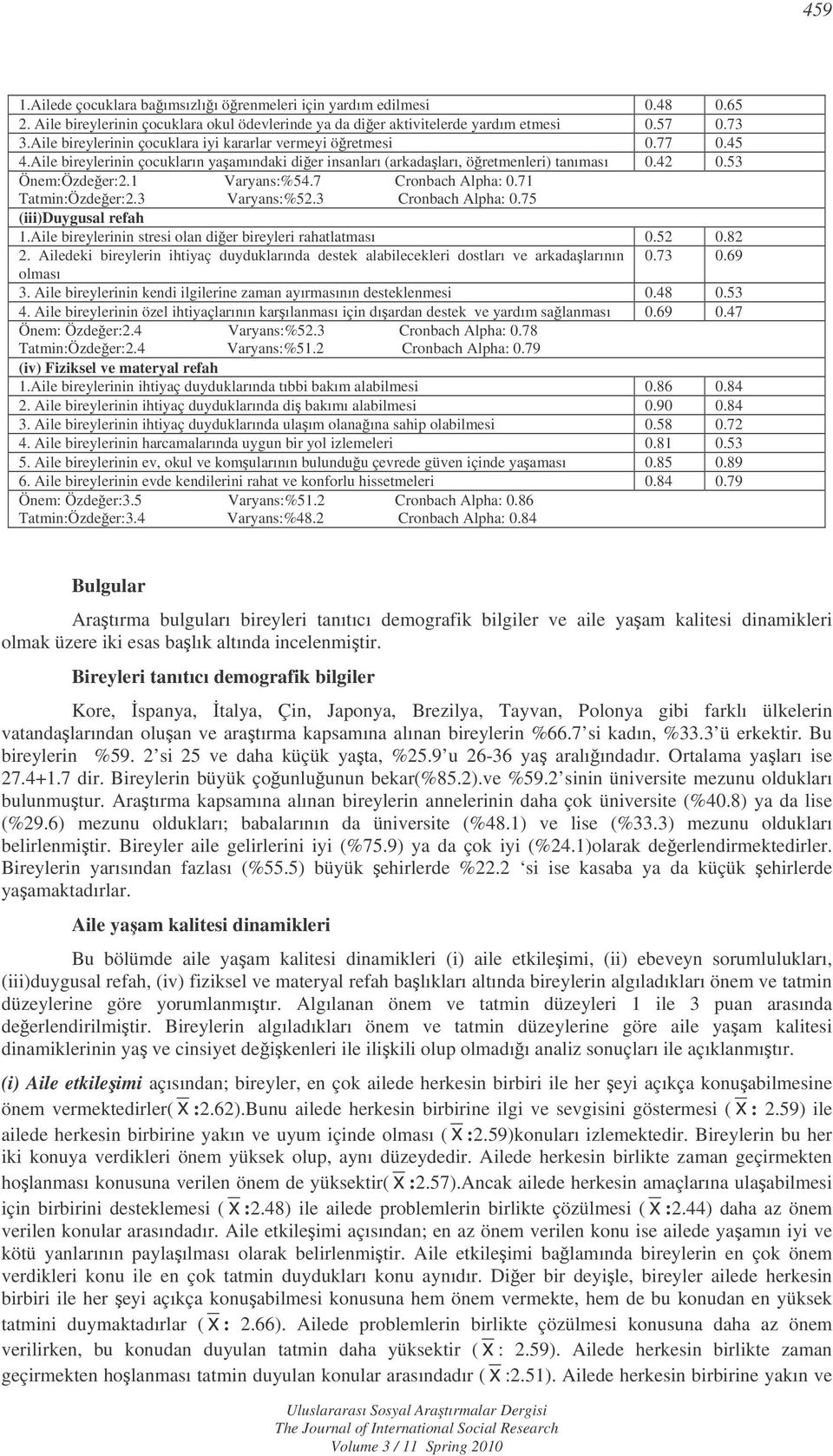 7 Cronbach Alpha: 0.71 Tatmin:Özdeer:2.3 Varyans:%52.3 Cronbach Alpha: 0.75 (iii)duygusal refah 1.Aile bireylerinin stresi olan dier bireyleri rahatlatması 0.52 0.82 2.