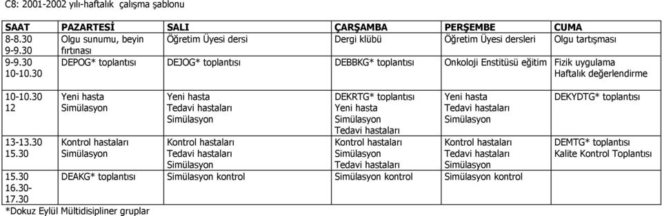 30 Yeni hasta Simülasyon Kontrol hastaları Simülasyon Yeni hasta Tedavi hastaları Simülasyon Kontrol hastaları Tedavi hastaları Simülasyon DEKRTG* toplantısı Yeni hasta Simülasyon Tedavi hastaları