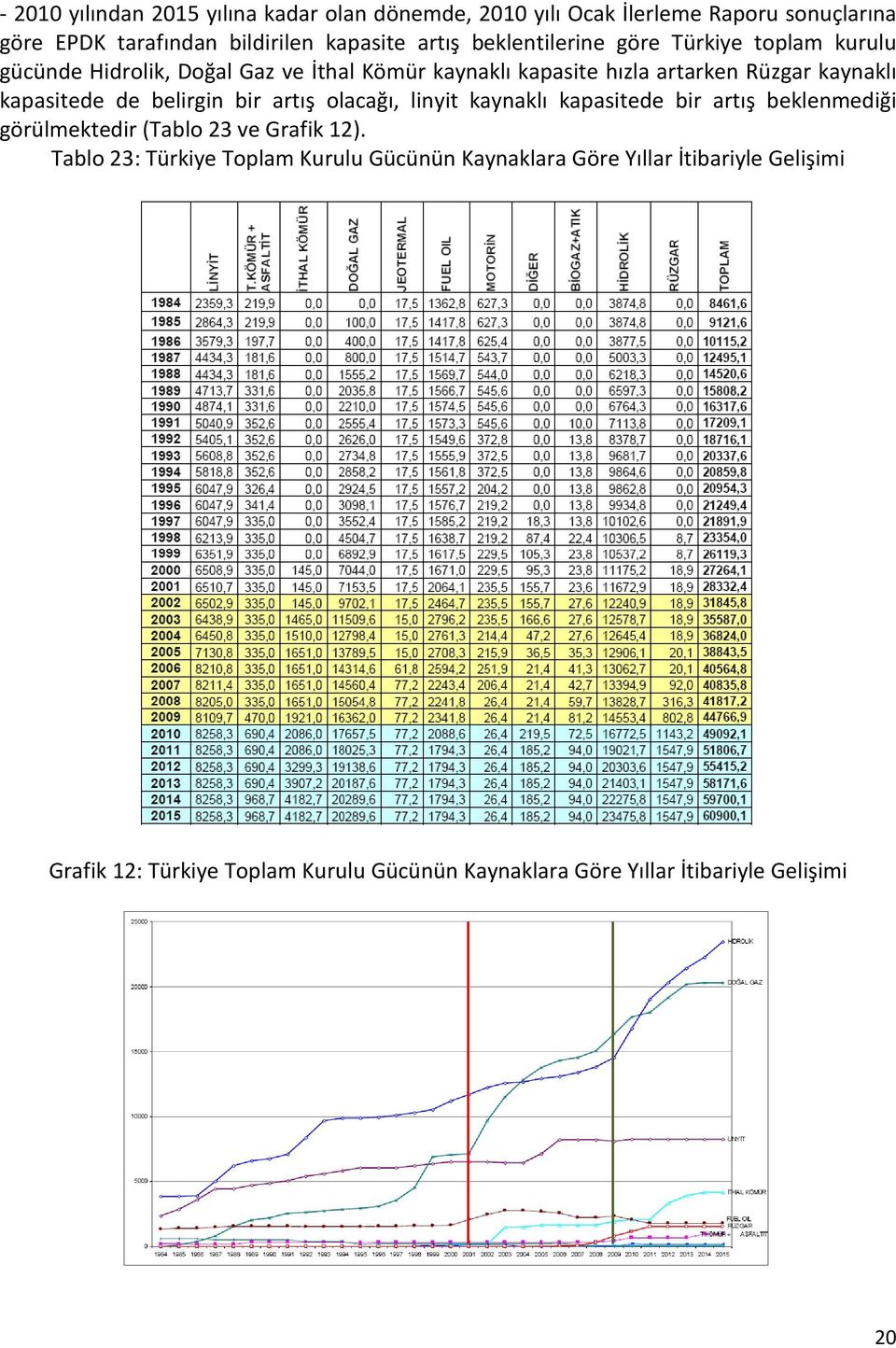 kapasitede de belirgin bir artış olacağı, linyit kaynaklı kapasitede bir artış beklenmediği görülmektedir (Tablo 23 ve Grafik 12).