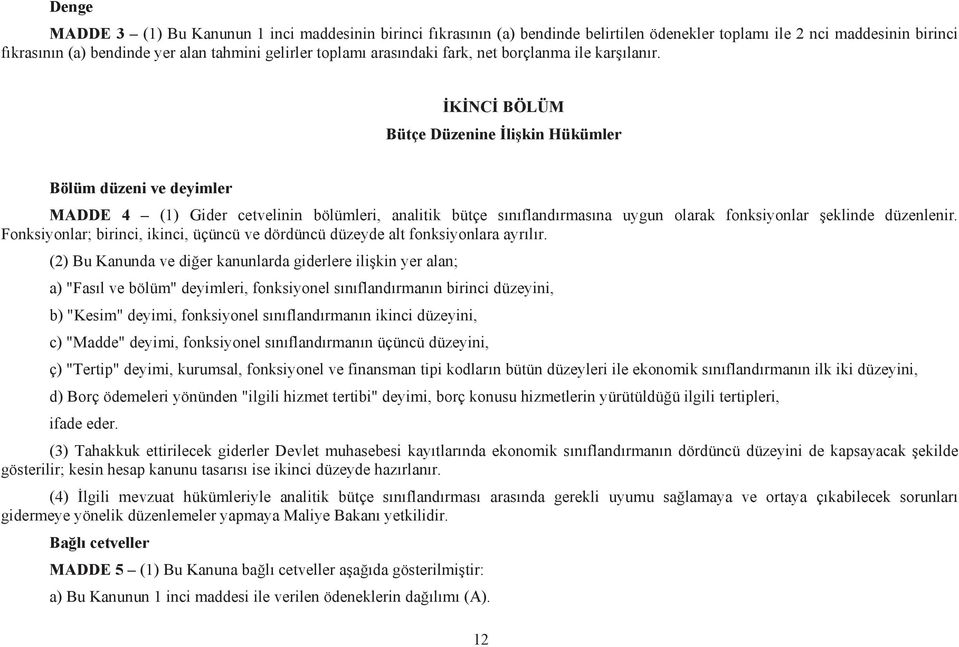 K NC BÖLÜM Bütçe Düzenine li kin Hükümler Bölüm düzeni ve deyimler MADDE 4 (1) Gider cetvelinin bölümleri, analitik bütçe s n fland rmas na uygun olarak fonksiyonlar eklinde düzenlenir.