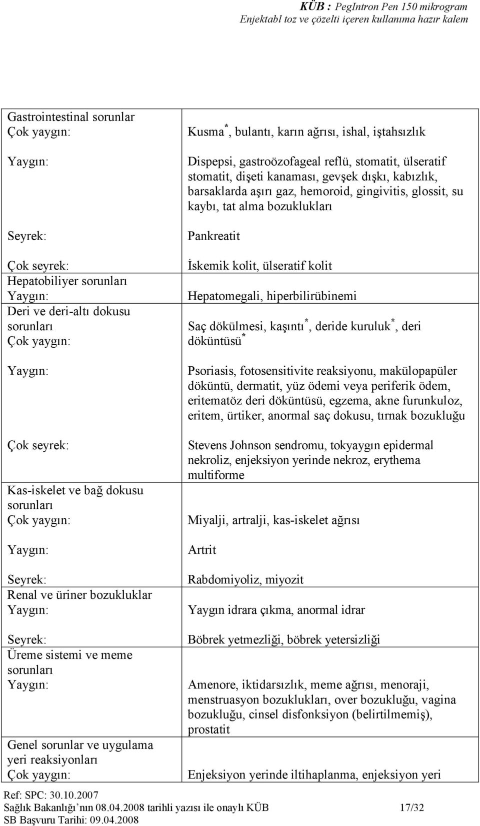 aşırı gaz, hemoroid, gingivitis, glossit, su kaybı, tat alma bozuklukları Pankreatit Đskemik kolit, ülseratif kolit Hepatomegali, hiperbilirübinemi Saç dökülmesi, kaşıntı *, deride kuruluk *, deri