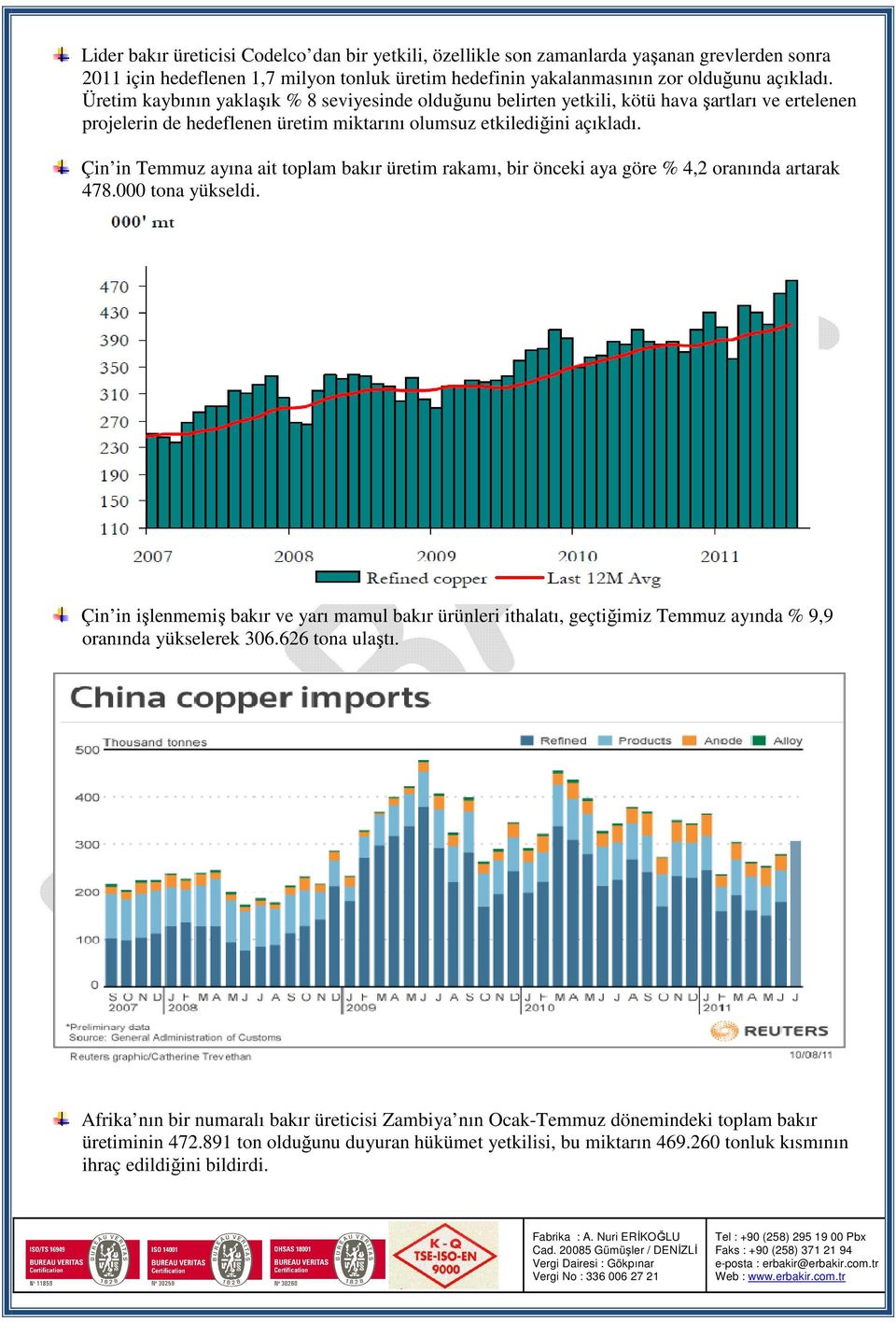 Çin in Temmuz ayına ait toplam bakır üretim rakamı, bir önceki aya göre % 4,2 oranında artarak 478.000 tona yükseldi.