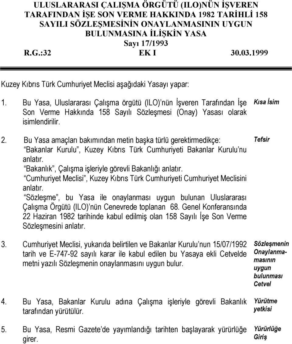 Bu Yasa, Uluslararası Çalışma örgütü (ILO) nün Đşveren Tarafından Đşe Son Verme Hakkında 158 Sayılı Sözleşmesi (Onay) Yasası olarak isimlendirilir. 2.