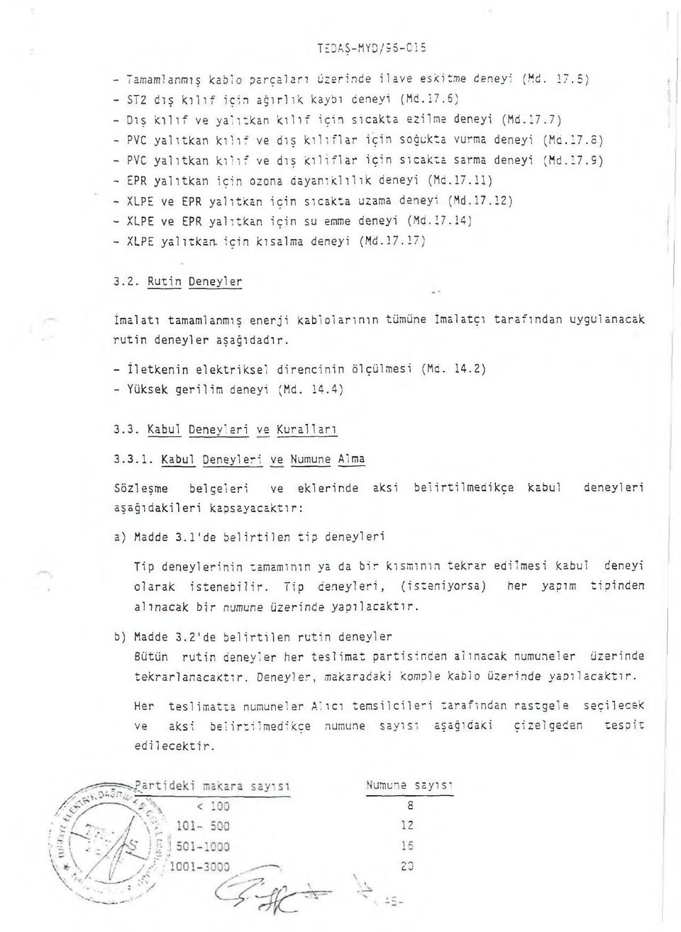 17.11) - XLPE ve EPR yalıtkan için sıcakta uzama deneyi (Md.17.12) - XLPE ve EPR yalıtkan için su emme deneyi (Md. 17.14) - XLPE yalıtkan, için kısalma deneyi (Md.17.17) 3.2. Rutin Deneyi er İmalatı tamamlanmış enerji kablolarının tümüne imalatçı tarafından uygulanacak rutin deneyler aşağıdadır.