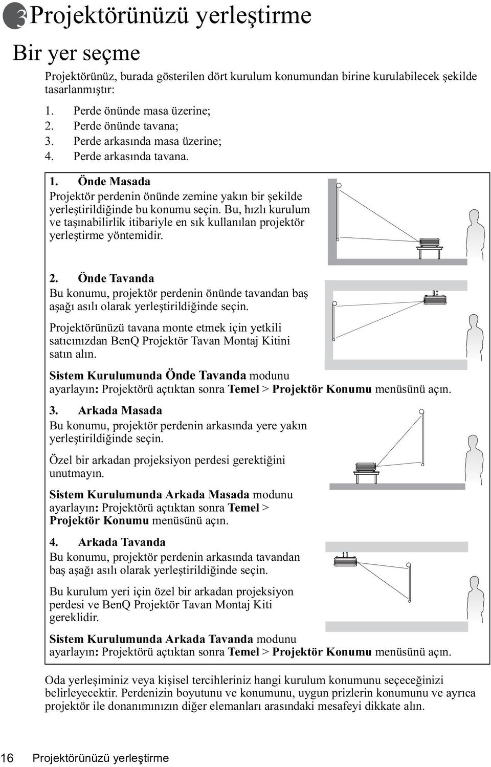 Bu, hızlı kurulum ve taşınabilirlik itibariyle en sık kullanılan projektör yerleştirme yöntemidir. 2.