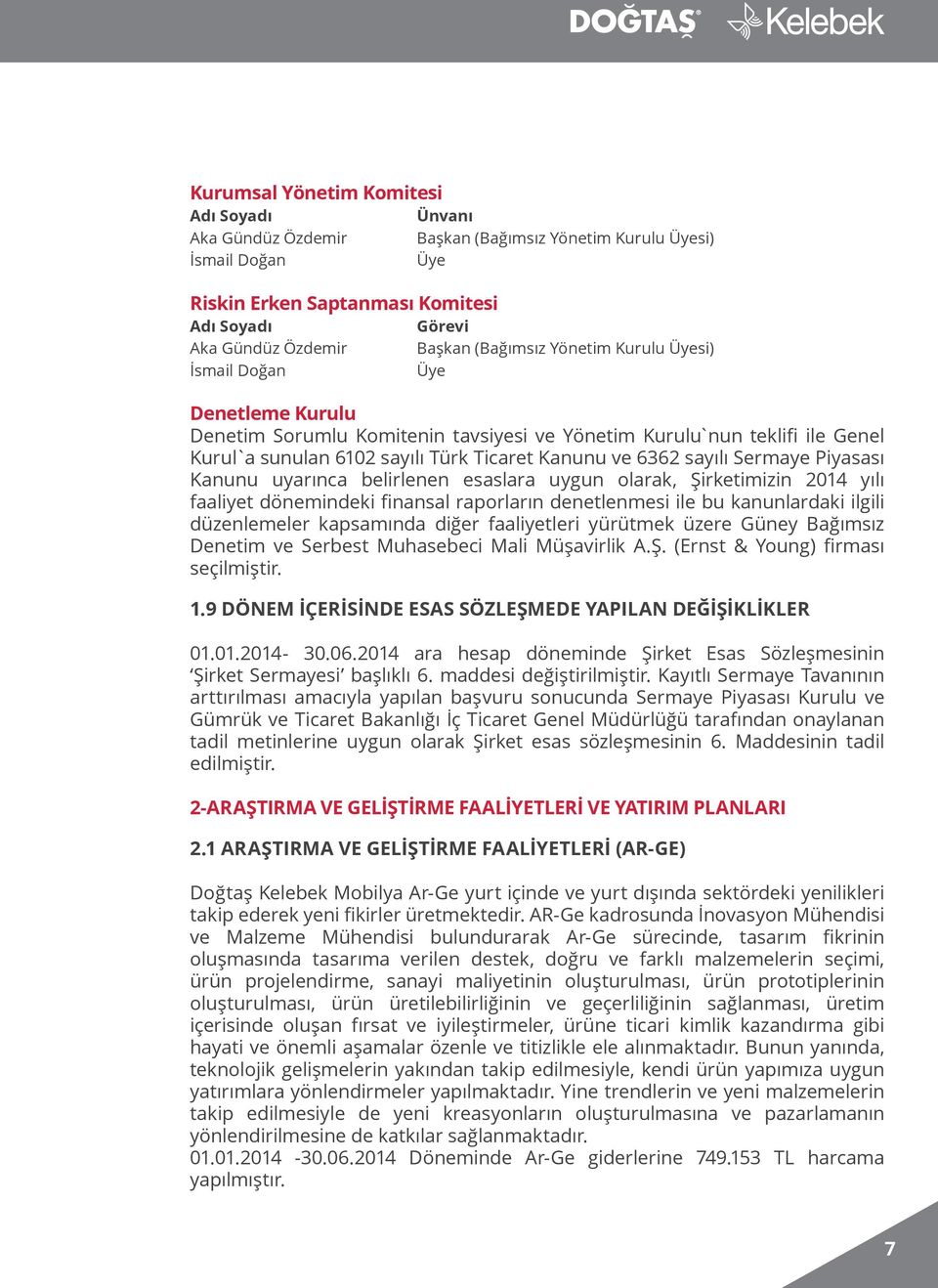 sayılı Sermaye Piyasası Kanunu uyarınca belirlenen esaslara uygun olarak, Şirketimizin 2014 yılı faaliyet dönemindeki finansal raporların denetlenmesi ile bu kanunlardaki ilgili düzenlemeler