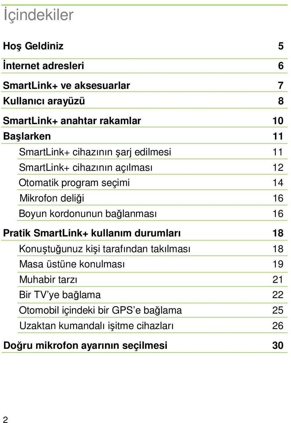 bağlanması 16 Pratik SmartLink+ kullanım durumları 18 Konuştuğunuz kişi tarafından takılması 18 Masa üstüne konulması 19 Muhabir tarzı