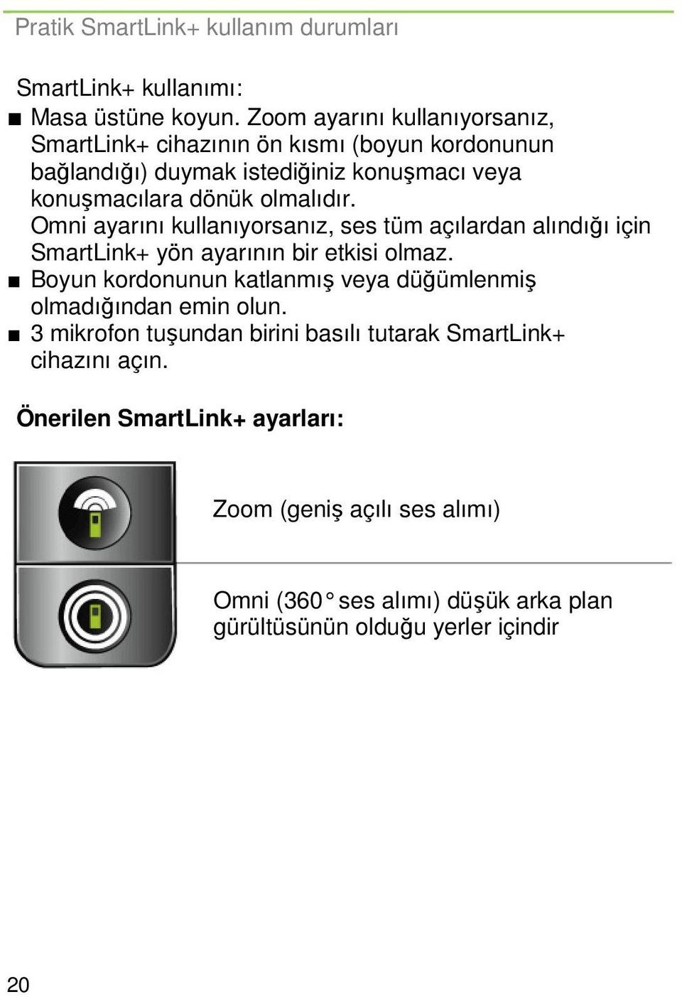 olmalıdır. Omni ayarını kullanıyorsanız, ses tüm açılardan alındığı için SmartLink+ yön ayarının bir etkisi olmaz.