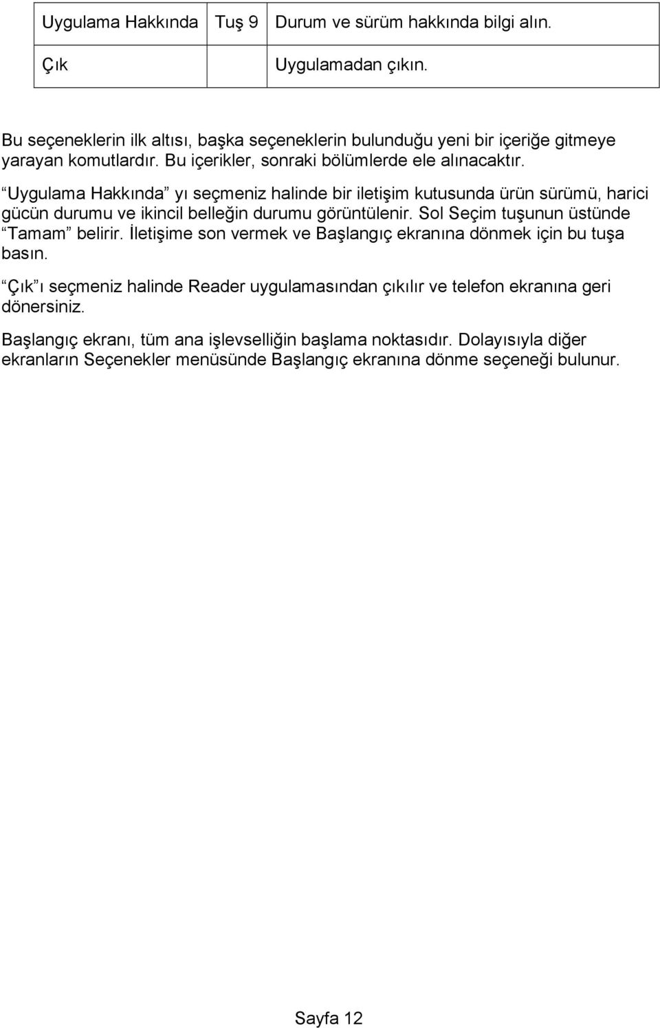 Uygulama Hakkında yı seçmeniz halinde bir iletişim kutusunda ürün sürümü, harici gücün durumu ve ikincil belleğin durumu görüntülenir. Sol Seçim tuşunun üstünde Tamam belirir.