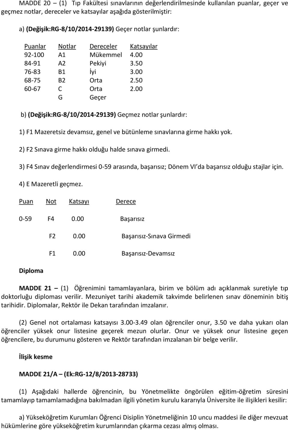 00 G Geçer b) (Değişik:RG-8/10/2014-29139) Geçmez notlar şunlardır: 1) F1 Mazeretsiz devamsız, genel ve bütünleme sınavlarına girme hakkı yok. 2) F2 Sınava girme hakkı olduğu halde sınava girmedi.