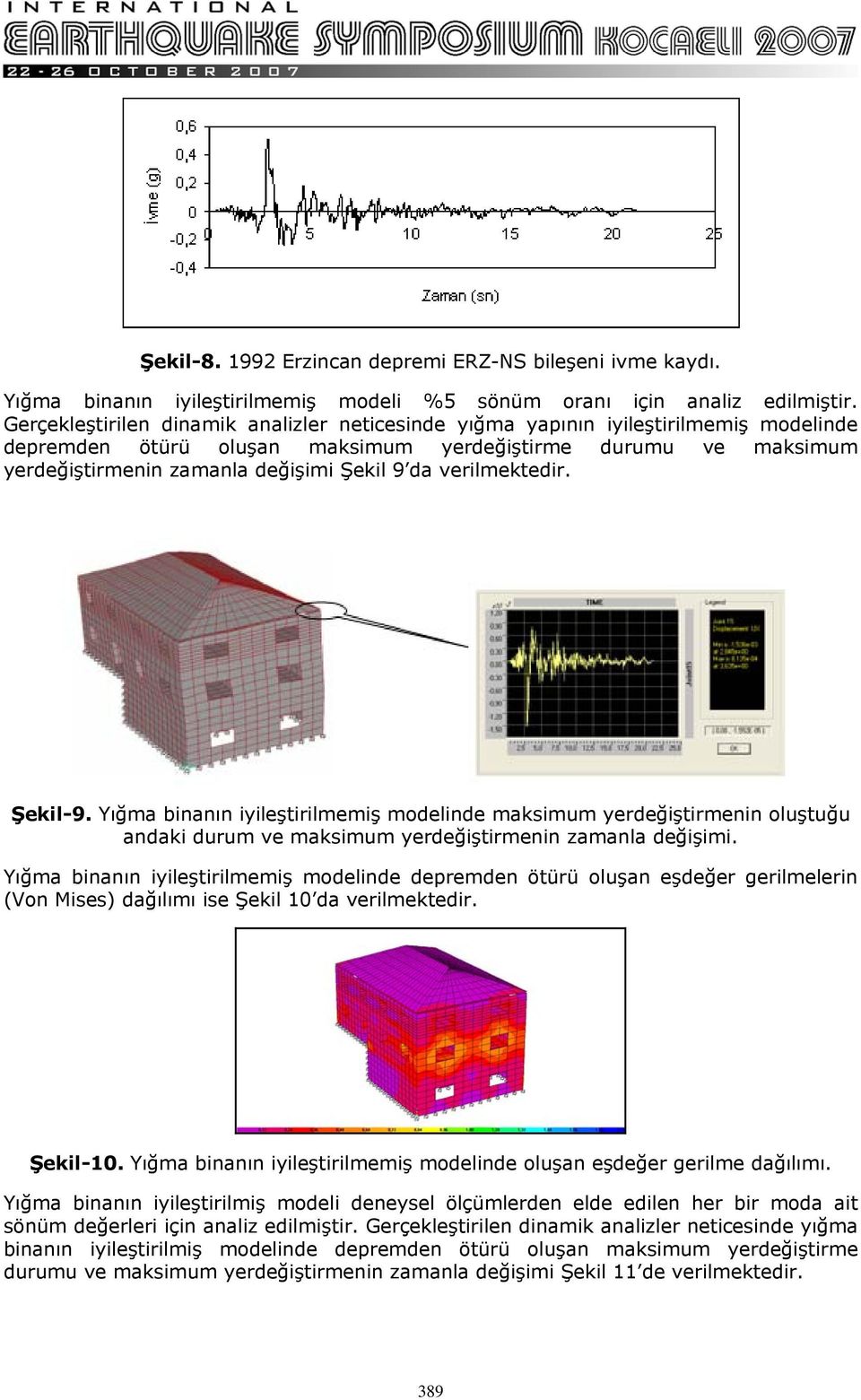 verilmektedir. Şekil-9. Yığma binanın iyileştirilmemiş modelinde maksimum yerdeğiştirmenin oluştuğu andaki durum ve maksimum yerdeğiştirmenin zamanla değişimi.