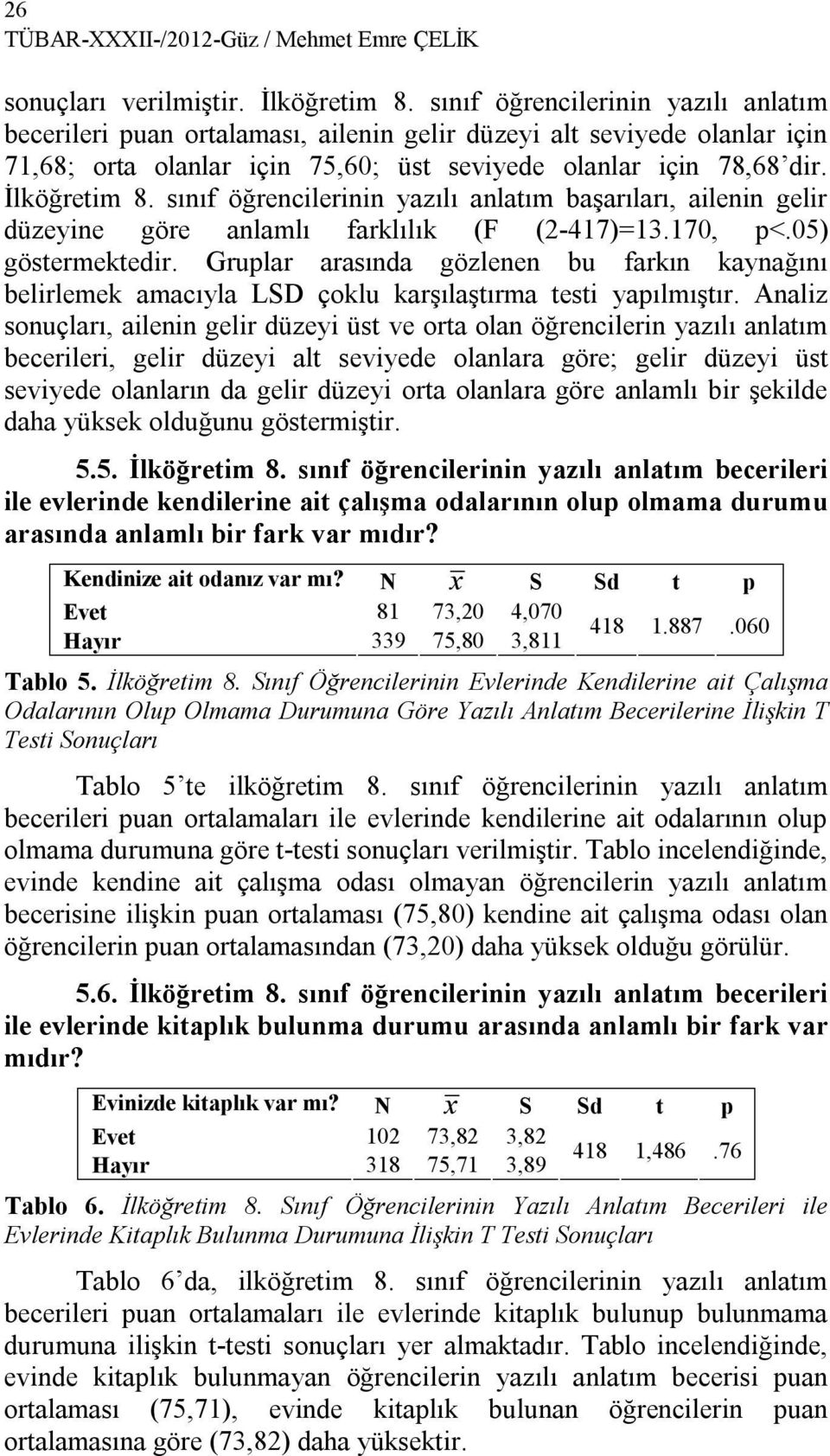 sınıf öğrencilerinin yazılı anlatım başarıları, ailenin gelir düzeyine göre anlamlı farklılık (F (2-417)=13.170, p<.05) göstermektedir.