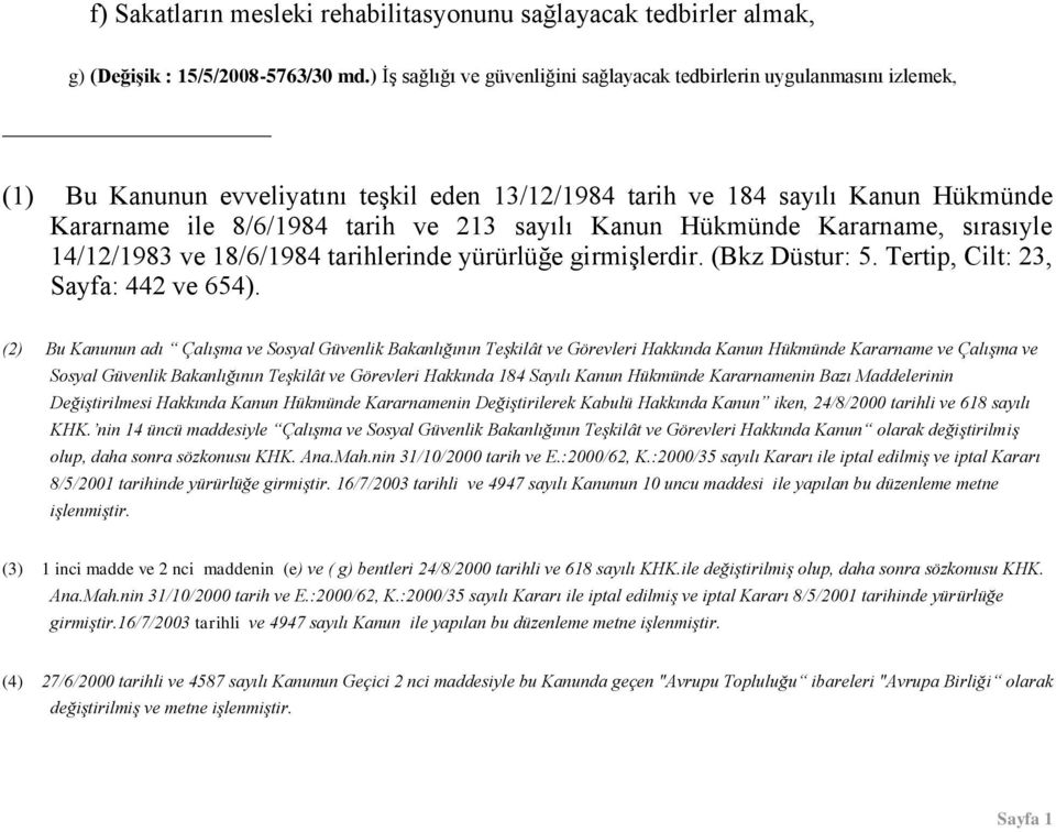 sayılı Kanun Hükmünde Kararname, sırasıyle 14/12/1983 ve 18/6/1984 tarihlerinde yürürlüğe girmiģlerdir. (Bkz Düstur: 5. Tertip, Cilt: 23, Sayfa: 442 ve 654).