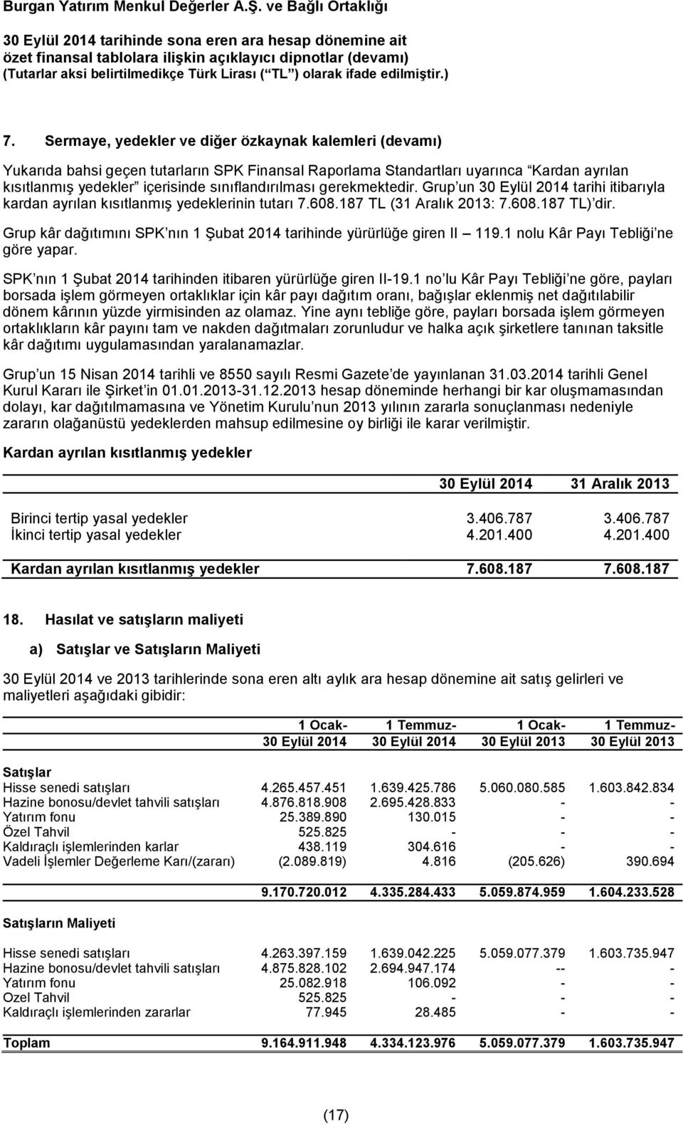 Grup kâr dağıtımını SPK nın 1 Şubat 2014 tarihinde yürürlüğe giren II 119.1 nolu Kâr Payı Tebliği ne göre yapar. SPK nın 1 Şubat 2014 tarihinden itibaren yürürlüğe giren II-19.