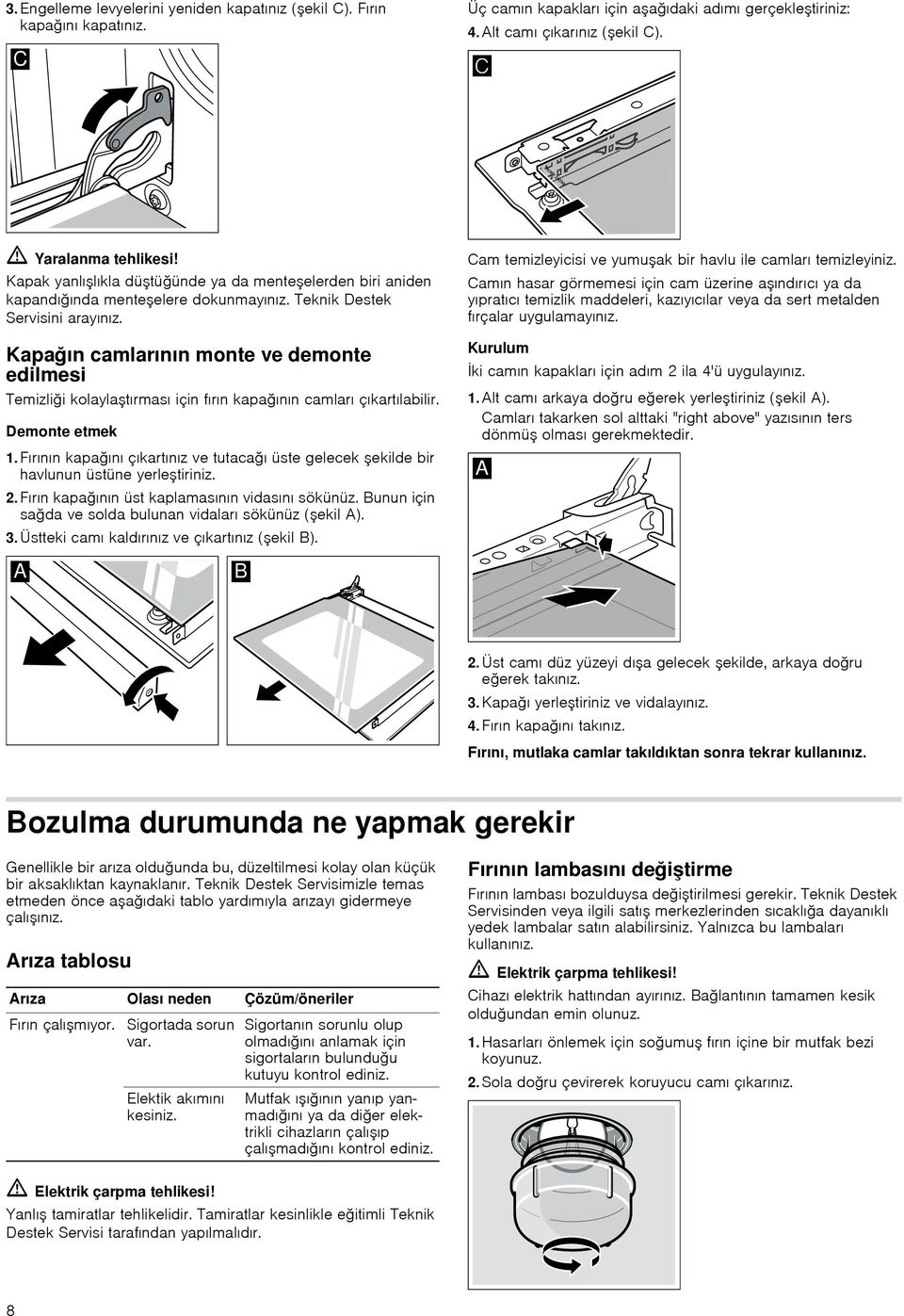 Kapağın camlarının monte ve demonte edilmesi Temizliği kolaylaştırması için fırın kapağının camları çıkartılabilir. Demonte etmek 1.