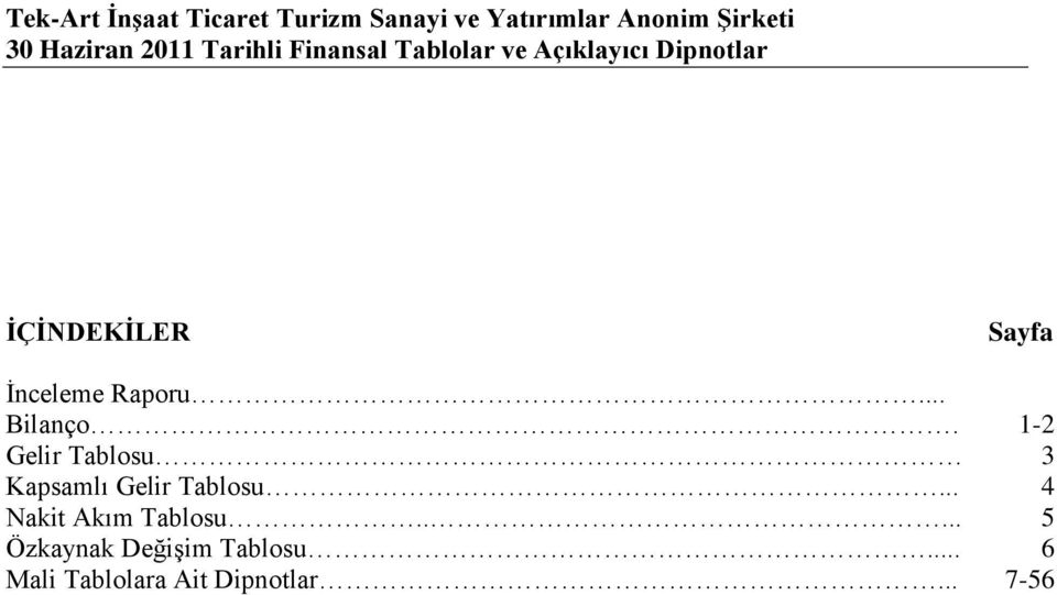 .. Bilanço. 1-2 Gelir Tablosu 3 Kapsamlı Gelir Tablosu.