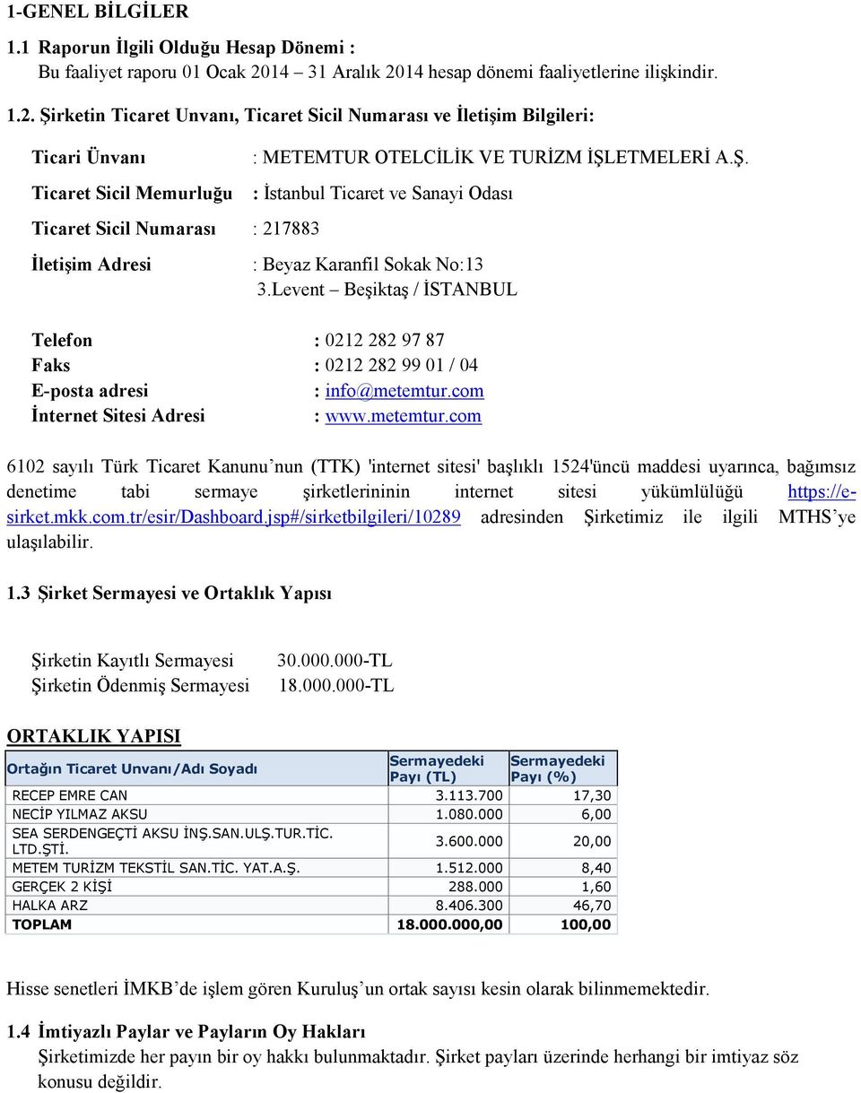 rketin Ticaret Unvanı, Ticaret Sicil Numarası ve İletişim Bilgileri: Ticari Ünvanı : METEMTUR OTELCİLİK VE TURİZM İŞL