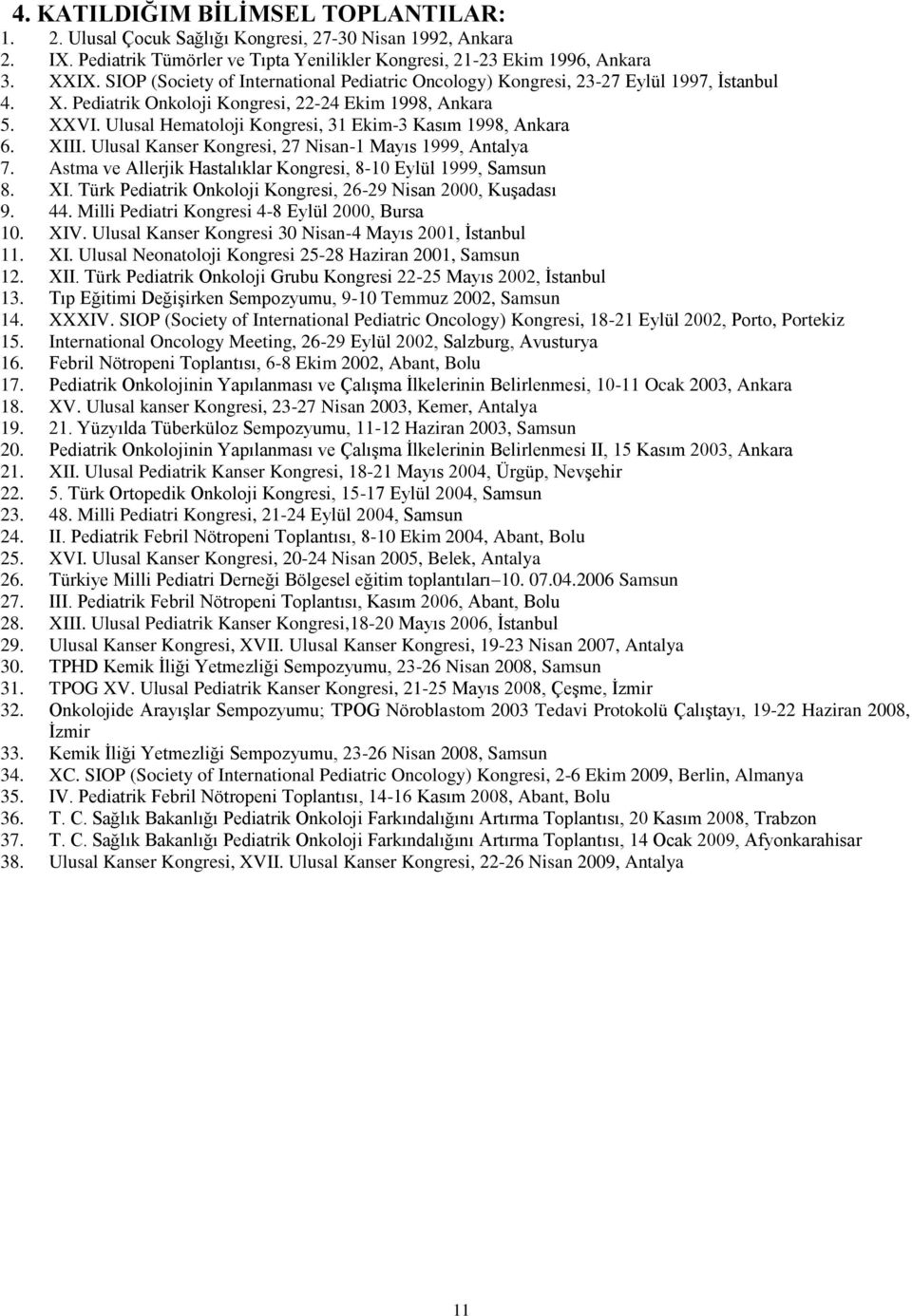 Ulusal Hematoloji Kongresi, 31 Ekim-3 Kasım 1998, Ankara 6. XIII. Ulusal Kanser Kongresi, 27 Nisan-1 Mayıs 1999, Antalya 7. Astma ve Allerjik Hastalıklar Kongresi, 8-10 Eylül 1999, Samsun 8. XI. Türk Pediatrik Onkoloji Kongresi, 26-29 Nisan 2000, Kuşadası 9.