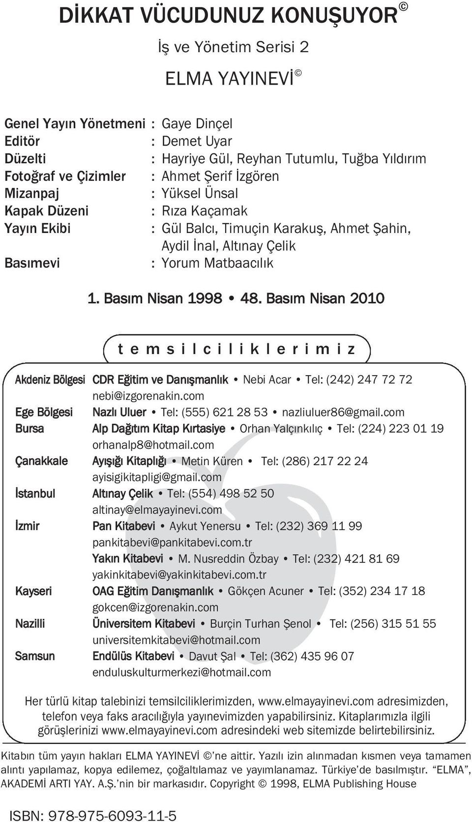 Bas m Nisan 1998 48. Bas m Nisan 2010 temsilciliklerimiz Akdeniz Bölgesi CDR E itim ve Dan flmanl k Nebi Acar Tel: (242) 247 72 72 nebi@izgorenakin.