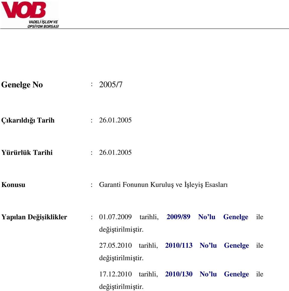 2005 Konusu : Garanti Fonunun Kuruluş ve İşleyiş Esasları Yapılan Değişiklikler : 01.07.