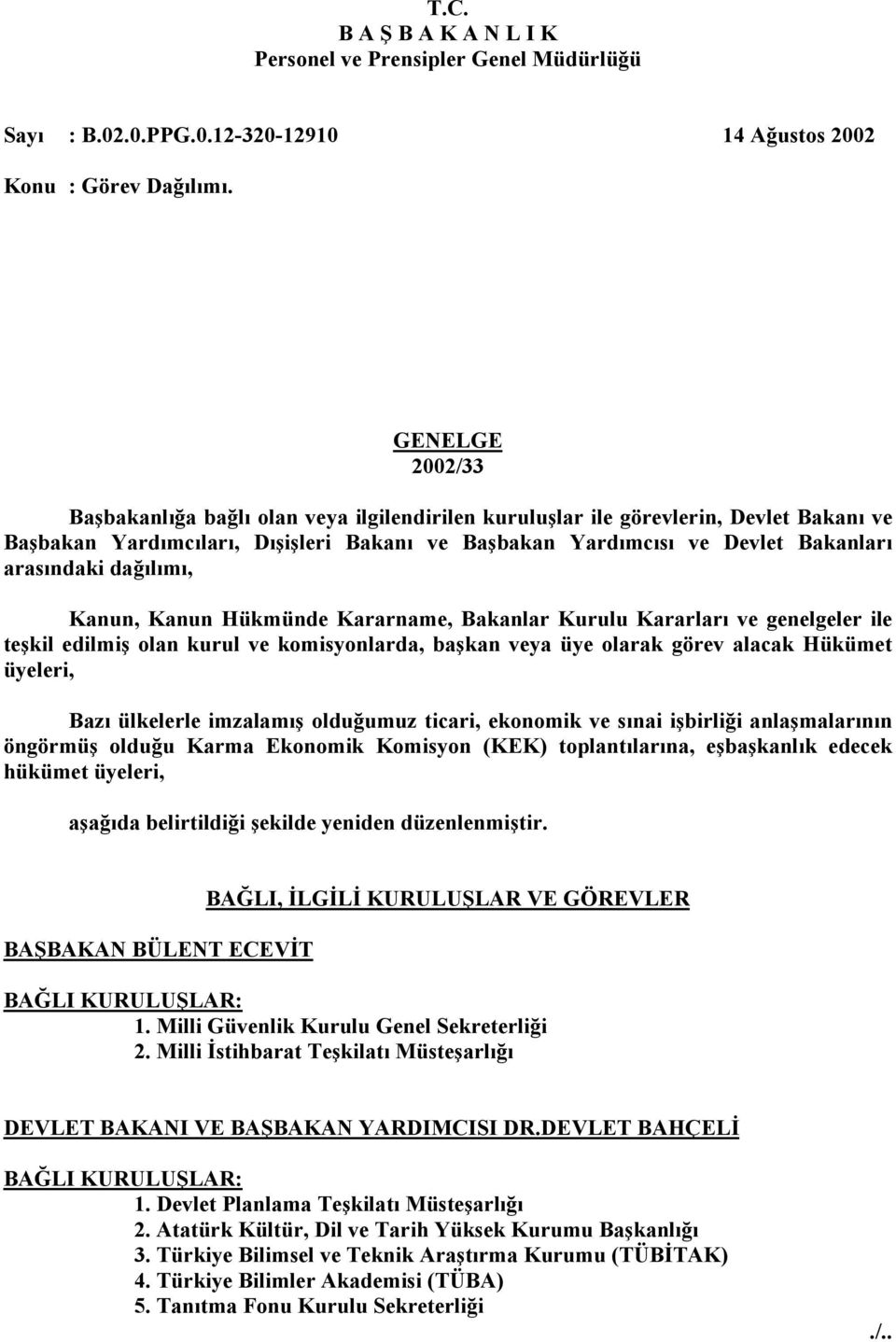 olduğumuz ticari, ekonomik ve sınai işbirliği anlaşmalarının öngörmüş olduğu Karma Ekonomik Komisyon (KEK) toplantılarına, eşbaşkanlık edecek hükümet üyeleri, aşağıda belirtildiği şekilde yeniden