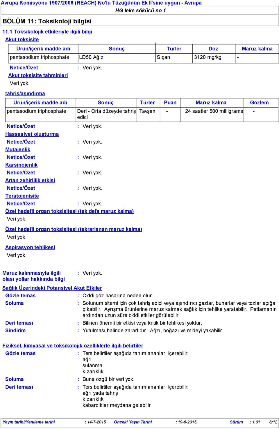 tahriş/aşındırma Ürün/içerik madde adı Sonuç Türler Puan Maruz kalma Gözlem pentasodium triphosphate Hassasiyet oluşturma Mutajenlik Karsinojenlik Artan zehirlilik etkisi Teratojenisite Deri - Orta