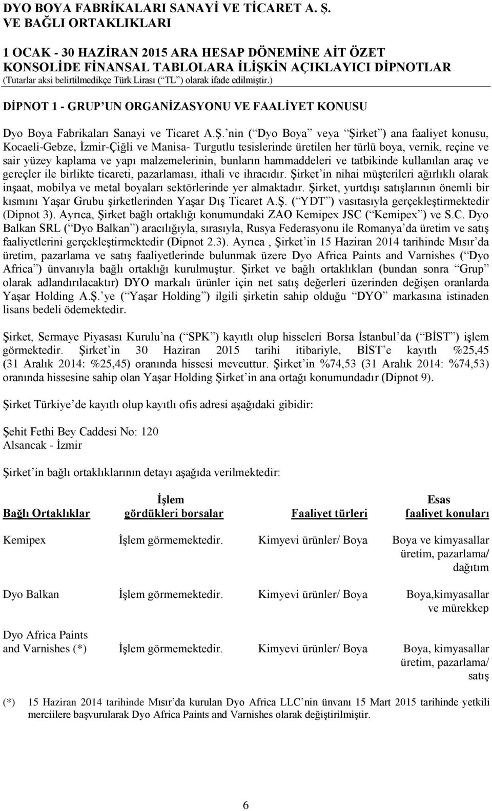 nin ( Dyo Boya veya Şirket ) ana faaliyet konusu, Kocaeli-Gebze, İzmir-Çiğli ve Manisa- Turgutlu tesislerinde üretilen her türlü boya, vernik, reçine ve sair yüzey kaplama ve yapı malzemelerinin,